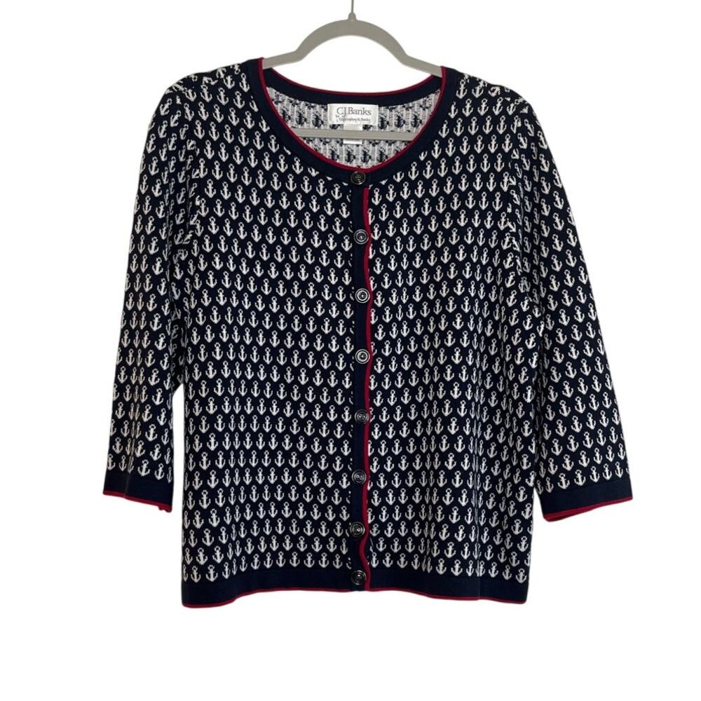 CJ Banks Anchor Nautical 3/4 Sleeve Cotton Cardigan Sweater Size 14W Fisherman